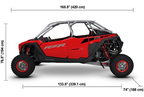 Vista lateral del Polaris RZR Pro R 4 Ultimate de 2026 en Indy Red con dimensiones de altura, ancho y longitud.