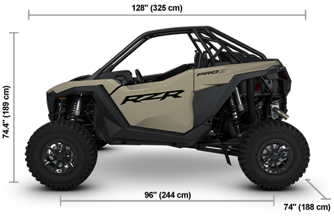 Side view of the Sand Dune 2026 Polaris RZR Pro S Sport with height, width and length dimensions.