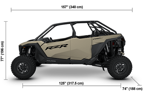 Side view of the Sand Dune 2026 Polaris RZR Pro S 4 Sport with height, width and length dimensions.