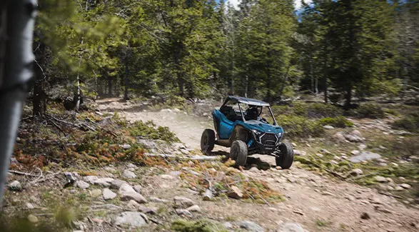 A 2026 Polaris RZR Pro XP SxS cruising down a forest trail.