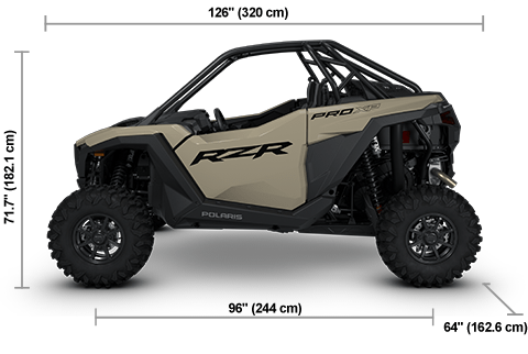 Side view of the Sand Dune 2026 Polaris RZR Pro XP Sport with height, width and length dimensions.