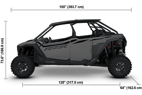 Side view of the Slate Gray 2026 Polaris RZR Pro XP 4 Ultimate with height, width and length dimensions.