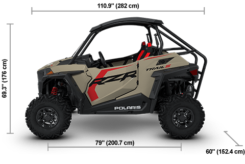 Side view of the Sand Dune 2026 Polaris RZR Trail S 1000 Ultimate with height, width and length dimensions.