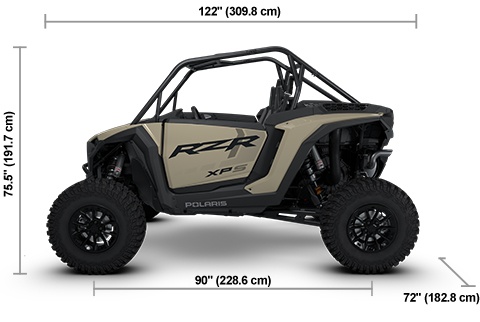 Vista lateral del Polaris RZR XP S Sport de 2026 en Sand Dune con dimensiones de altura, ancho y longitud.