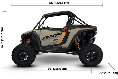 Side view of the Sand Dune Polaris RZR XP S 1000 Ultimate with height, width and length dimensions.