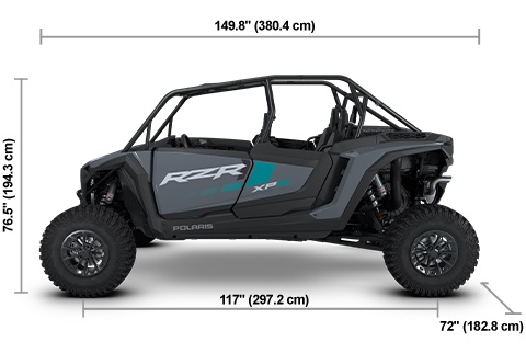 Side view of the Stealth Gray Polaris RZR XP S 4 1000 Sport with height, width and length dimensions.