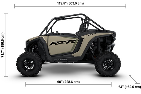 Side view of the Sand Dune 2026 Polaris RZR XP Sport with height, width and length dimensions.