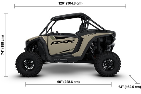 Side view of the Sand Dune Polaris RZR XP 1000 Ultimate with height, width and length dimensions.