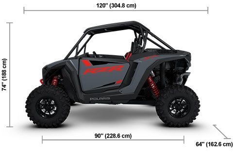 Side view of the Stealth Gray Polaris RZR XP 1000 Ultimate with height, width and length dimensions.