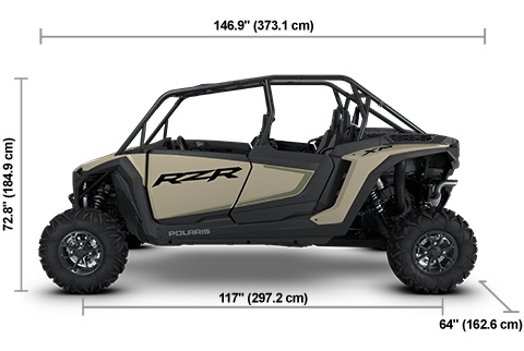 Side view of the Sand Dune 2026 Polaris RZR XP 4 Sport with height, width and length dimensions.