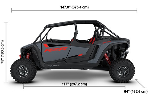 Side view of the Stealth Gray 2026 Polaris RZR XP 4 Ultimate with height, width and length dimensions.