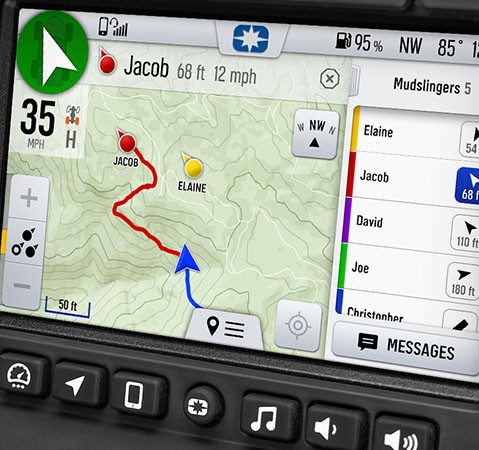 A RIDE COMMAND touch screen in a Polaris RZR sport side-by-side using the Group Ride feature.