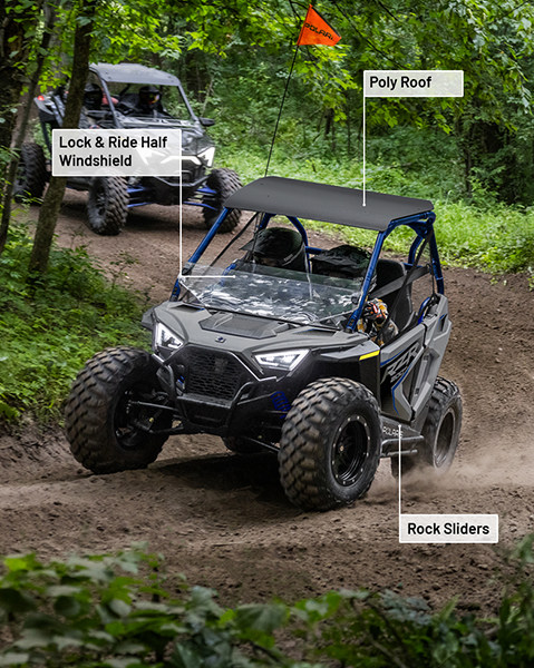 Lock & Ride Half Windshield, Poly Roof, and Rock Sliders accessories installed on a 2027 Polaris RZR 200 EFI youth side-by-side.