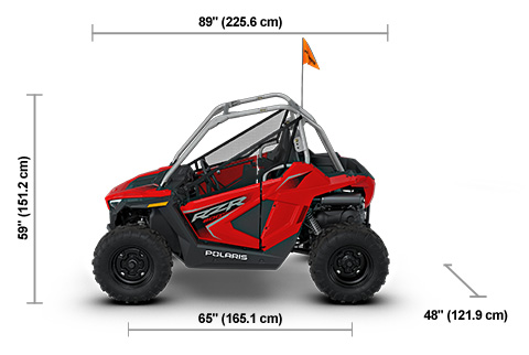 Side view of the Indy Red 2027 Polaris RZR 200 EFI with height, width and length dimensions.