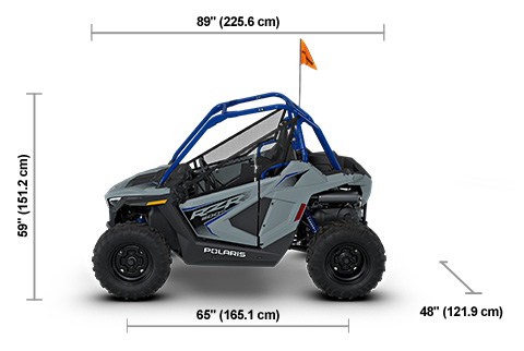Side view of the Storm Gray 2027 Polaris RZR 200 EFI with height, width and length dimensions.