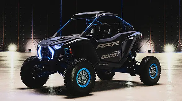 Side profile of the 2027 Polaris RZR Pro R Boost side-by-side.