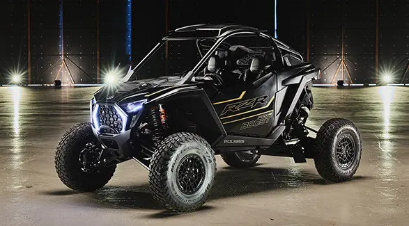 Side profile of a 2027 Polaris RZR Pro R Boost Ultra side-by-side.
