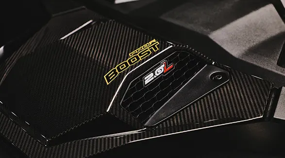 Badging and hood vents on a 2027 Polaris RZR Pro R Boost Ultra side-by-side.