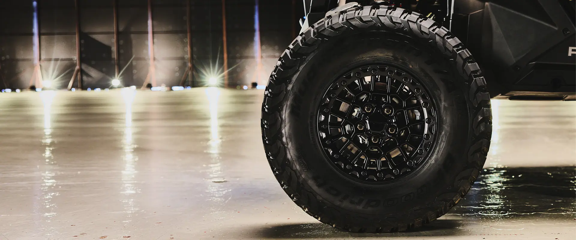 Front tire of a 2027 Polaris RZR Pro R Boost Ultra side-by-side.