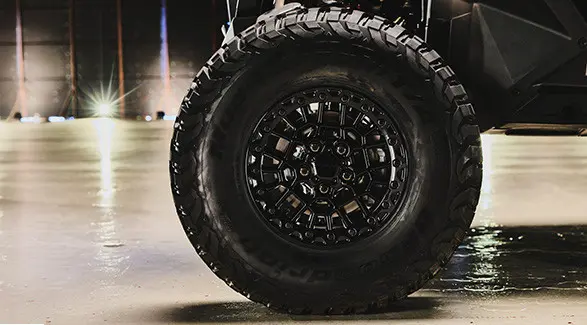 Front tire of a 2027 Polaris RZR Pro R Boost Ultra side-by-side.