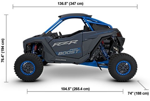 Side view of the Azure Stealth Gray 2027 Polaris RZR Pro R Boost Ultimate with height, width and length dimensions.