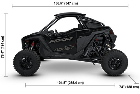 Side view of the Onyx Black 2027 Polaris RZR Pro R Boost Ultimate with height, width and length dimensions.