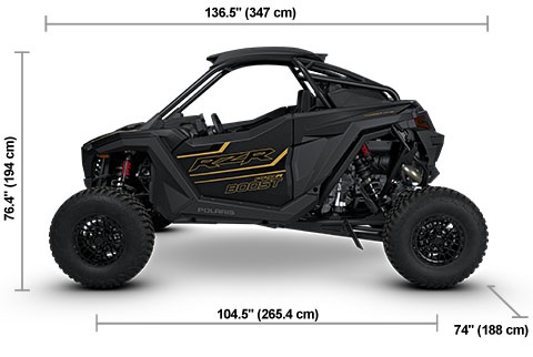 Side view of the Matte Black Crystal 2027 Polaris RZR Pro R Boost Ultra with height, width and length dimensions.