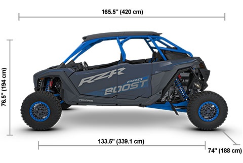 Side view of the Azure Stealth Gray 2027 Polaris RZR Pro R 4 Boost Ultimate with height, width and length dimensions.