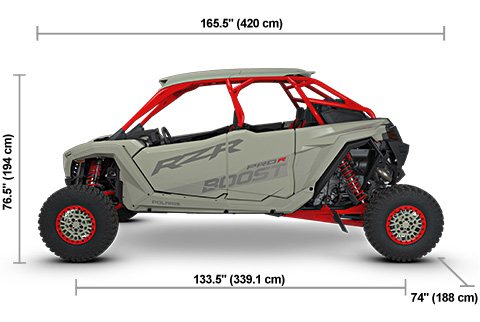 Side view of the Crater Gray 2027 Polaris RZR Pro R 4 Boost Ultimate with height, width and length dimensions.