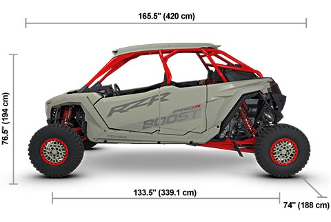 Vista lateral del Polaris RZR Pro R 4 Boost Ultimate 2027 en Crater Gray con las medidas de altura, ancho y largo.