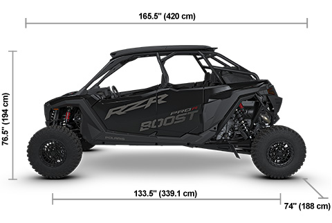 Side view of the Onyx Black 2027 Polaris RZR Pro R 4 Boost Ultimate with height, width and length dimensions.