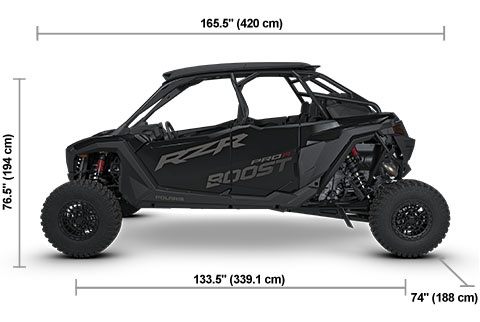 Vista lateral del Polaris RZR Pro R 4 Boost Ultimate 2027 en Onyx Black con las medidas de altura, ancho y largo.