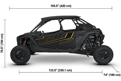 Side view of the Matte Black Crystal 2027 Polaris RZR Pro R 4 Boost Ultra with height, width and length dimensions.