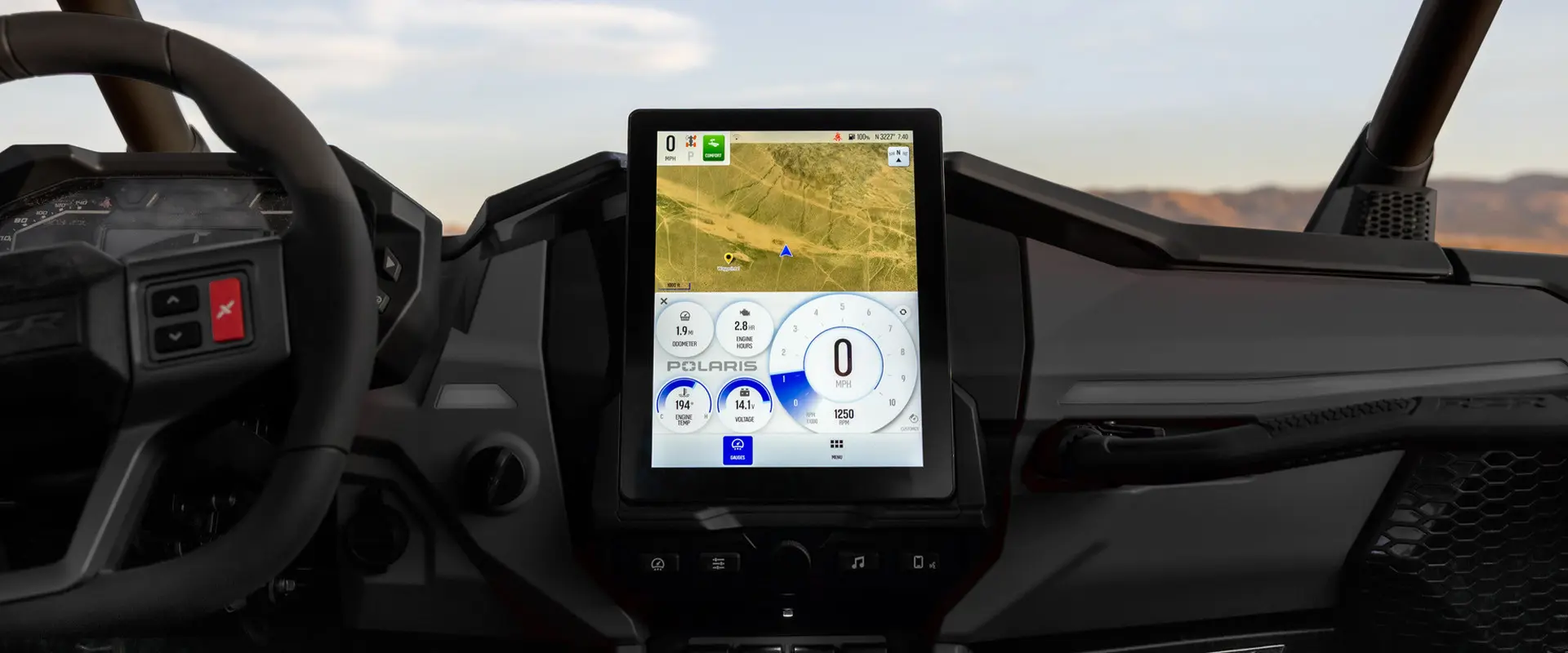 Touchscreen in a 2027 Polaris RZR Pro R side-by-side.
