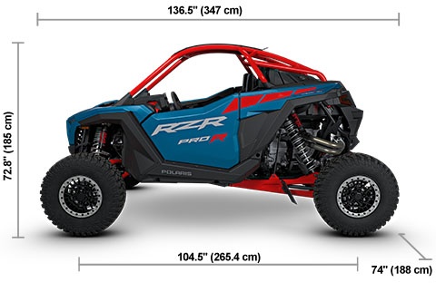 Side view of the Freedom Blue 2027 Polaris RZR Pro R Ultimate with height, width and length dimensions.