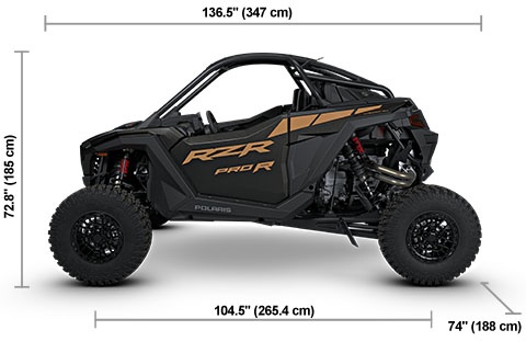 Side view of the Matte Super Graphite 2027 Polaris RZR Pro R Ultimate with height, width and length dimensions.
