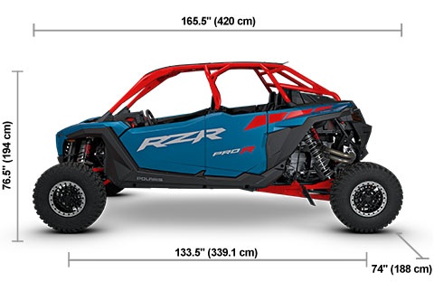 Side view of the Freedom Blue 2027 Polaris RZR Pro R 4 Ultimate with height, width and length dimensions.