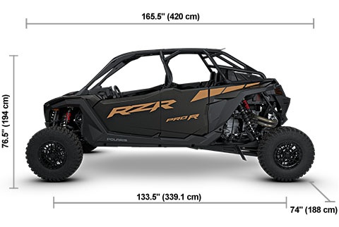 Side view of the Matte Super Graphite 2027 Polaris RZR Pro R 4 Ultimate with height, width and length dimensions.