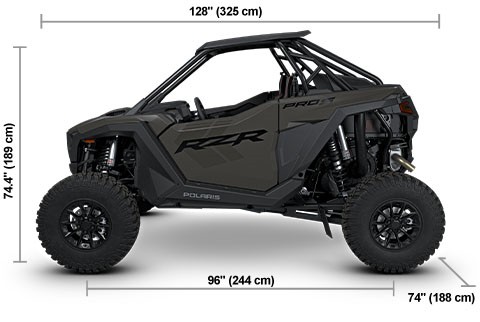 Side view of the Matte Granite Gray 2027 Polaris RZR Pro S Sport with height, width and length dimensions.