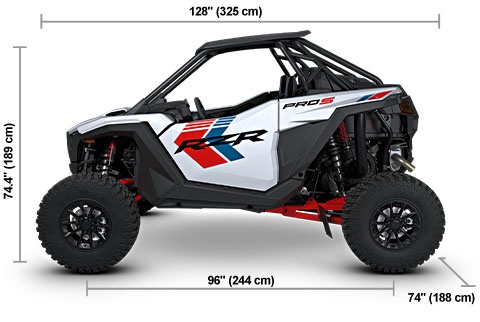 Side view of the Ghost White Metallic 2027 Polaris RZR Pro S Ultimate with height, width and length dimensions.