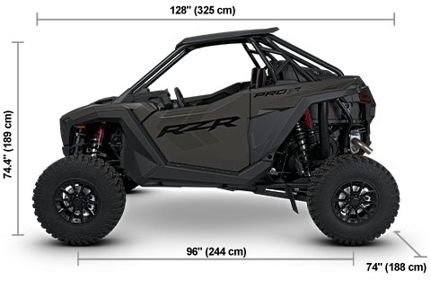 Side view of the Matte Granite Gray 2027 Polaris RZR Pro S Ultimate with height, width and length dimensions.