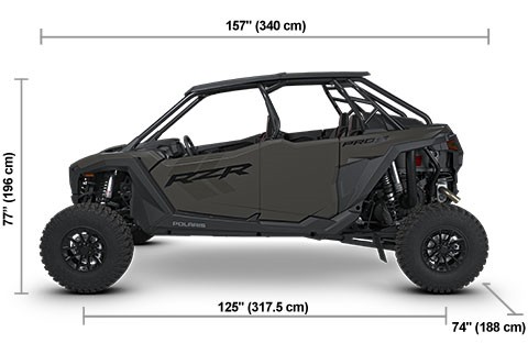 Side view of the Matte Granite Gray 2027 Polaris RZR Pro S 4 Sport with height, width and length dimensions.