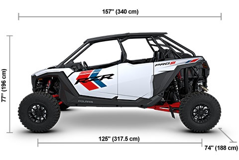 Side view of the Ghost White Metallic 2027 Polaris RZR Pro S 4 Ultimate with height, width and length dimensions.