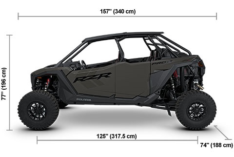 Side view of the Matte Granite Gray 2027 Polaris RZR Pro S 4 Ultimate with height, width and length dimensions.