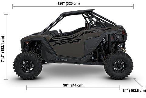 Side view of the Matte Granite Gray 2027 Polaris RZR Pro XP Sport with height, width and length dimensions.