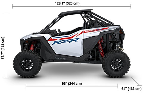 Side view of the Ghost White Metallic 2027 Polaris RZR Pro XP Ultimate with height, width and length dimensions.