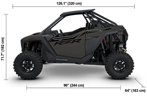 Side view of the Matte Granite Gray 2027 Polaris RZR Pro XP Ultimate with height, width and length dimensions.