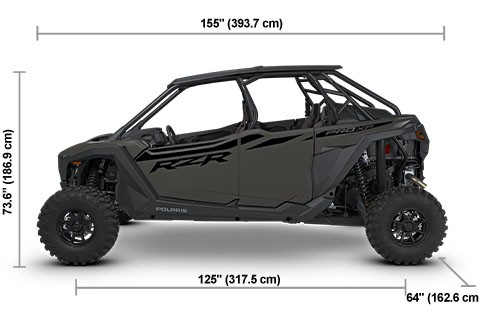 Side view of the Matte Granite Gray 2027 Polaris RZR Pro XP 4 Sport with height, width and length dimensions.
