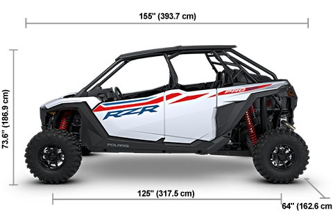 Side view of the Ghost White Metallic 2027 Polaris RZR Pro XP 4 Ultimate with height, width and length dimensions.