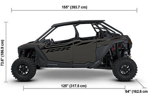 Side view of the Matte Granite Gray 2027 Polaris RZR Pro XP 4 Ultimate with height, width and length dimensions.